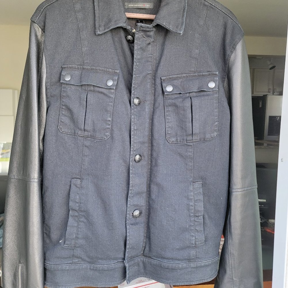 John varvatos dark blue denim trucker with leather sleeves